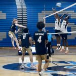 Cheyenne High School senior Hunter Perkins drills a kill past the Pioneer blockers on Friday, April 24.
