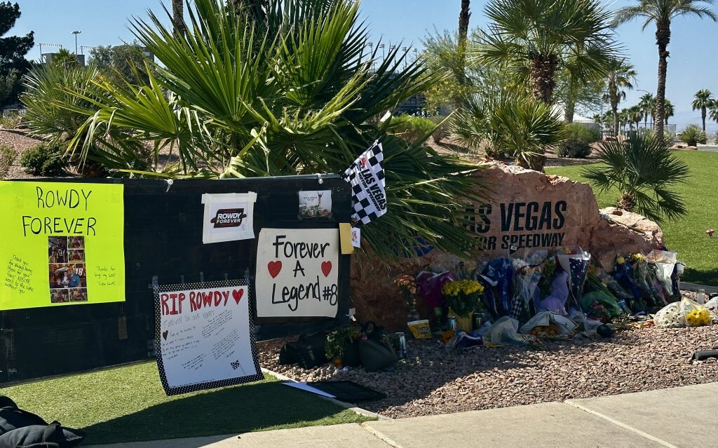 Fans left flowers, M&Ms and Monster Energy Drinks to memorialize local legend and two-time NASCAR Cup Champion, Kyle Busch at Las Vegas Motor Speedway.