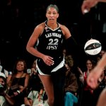 A'ja Wilson brings up the ball in a game against the Seattle Storm at Michelob Ultra Arena.