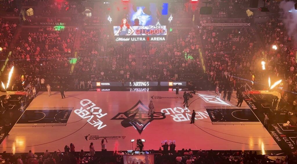 The Las Vegas Aces' A'ja Wilson is introduced prior to a Commissioner's Cup game against the Golden State Valkyries at Michelob Ultra Arena on Saturday, June 6.