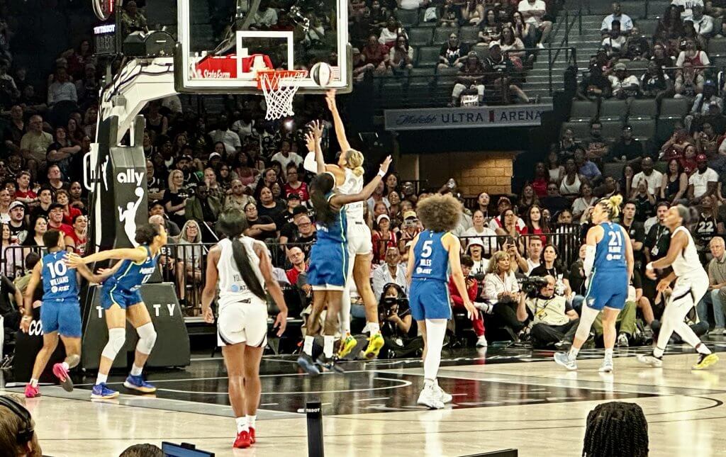 A'ja Wilson hits a shot in the second quarter of the Las Vegas Aces' Commissioner's Cup game against the Minnesota Lynx at Michelob ULTRA Arena on Saturday, June 13.