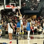 A'ja Wilson hits a shot in the second quarter of the Las Vegas Aces' Commissioner's Cup game against the Minnesota Lynx at Michelob ULTRA Arena on Saturday, June 13.