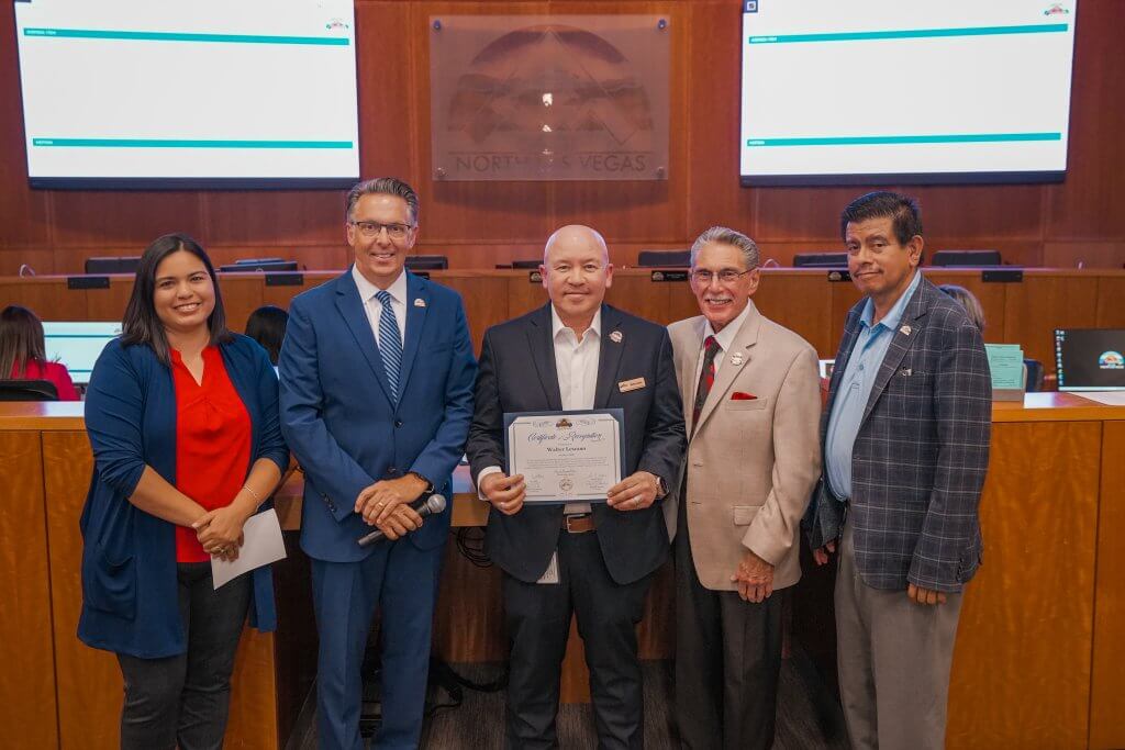 Walter Lescano is honored prior to a city council meeting. Lescano was named Nevada's Veteran of the Year for helping over 2,500 people access critical resources.