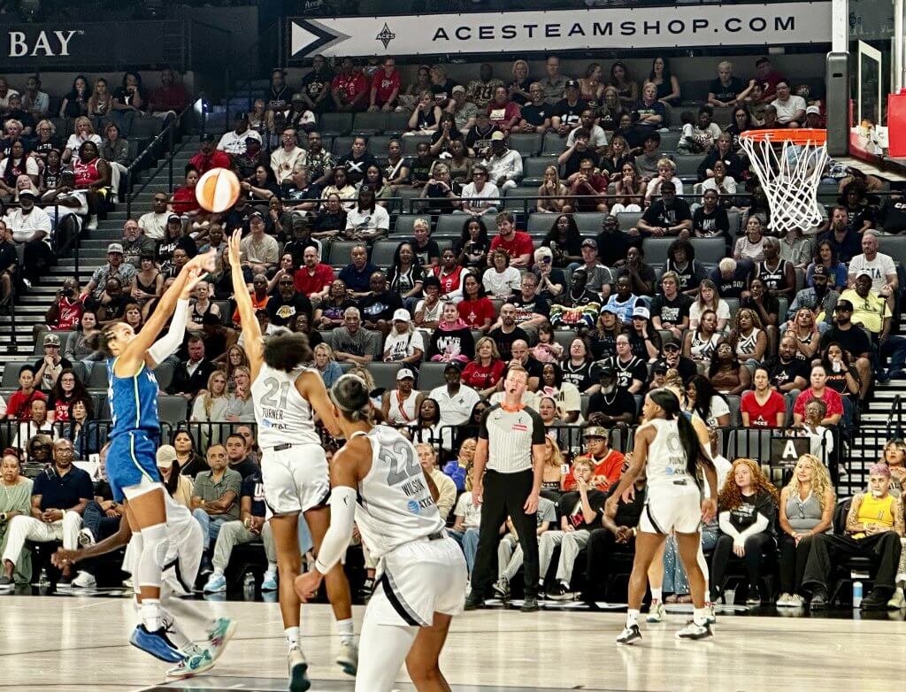 Minnesota Lynx forward Napheesa Collier hits a jumper against the Las Vegas Aces on Aug. 15. Collier will play alongside Aces players A'ja Wilson, Chelsea Gray and Jackie Wilson in the FIBA World Cup Tournament, Sept. 4-13.