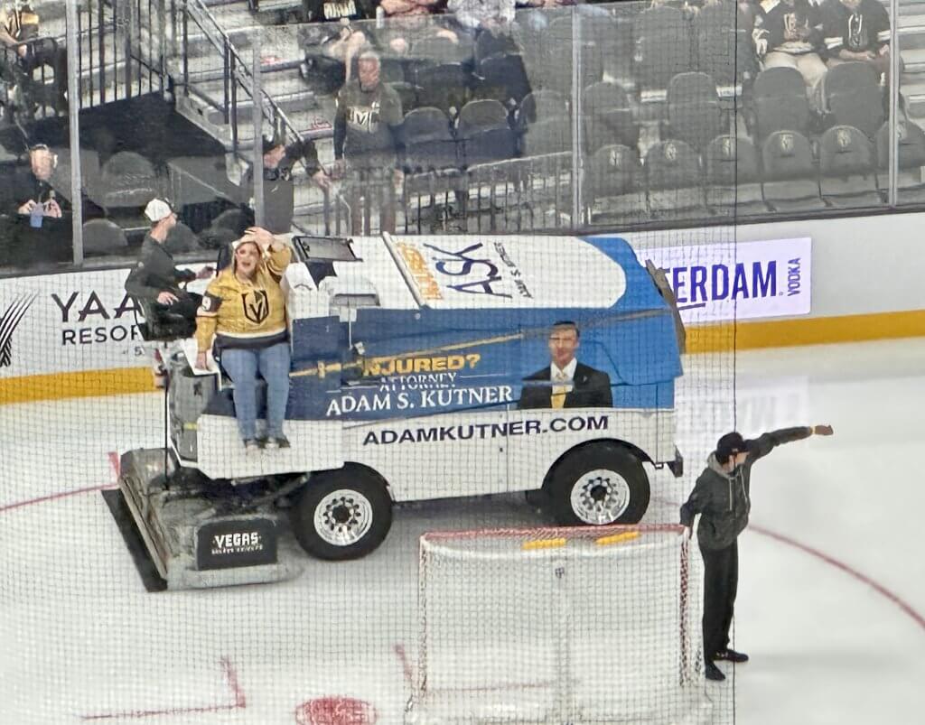 Kelley Ward waves to her students from her ride on the Zamboni during the second intermission of Thursday's Golden Knights game. A hundred students, parents and Guy Elementary School staff members enjoyed free tickets to the game courtesy of the Adam Kutner Cares organization.